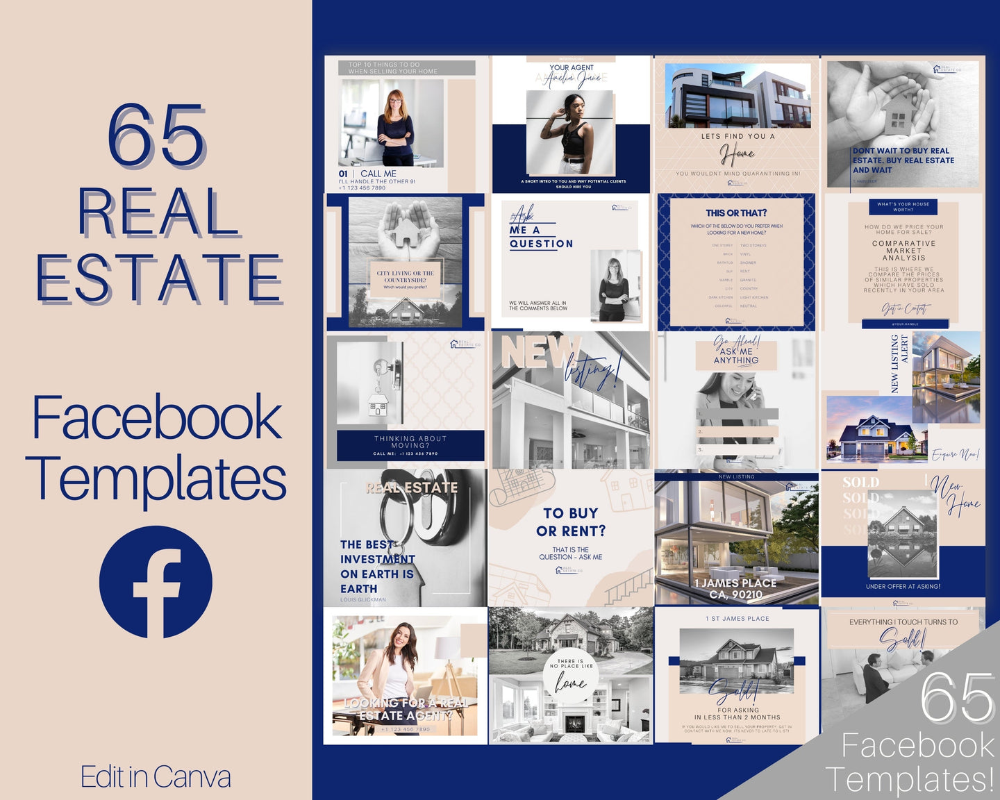 65 REALTOR Facebook Post Templates. Real Estate Facebook Templates. Editable Canva Template Pack. Marketing Graphics, Social Media Posts