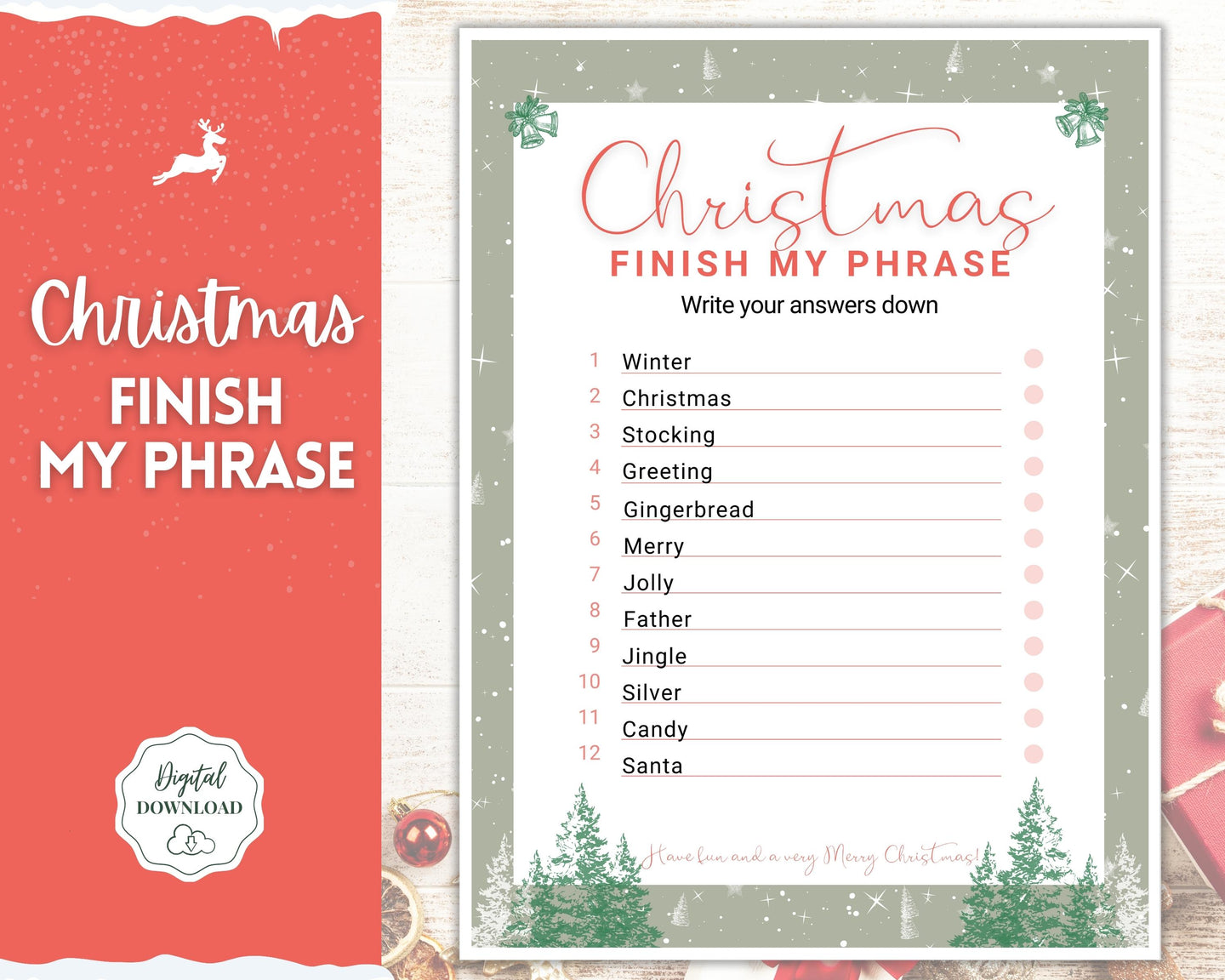 Christmas Finish My Phrase Game | Holiday Xmas Party Game Printables for the Family | Green