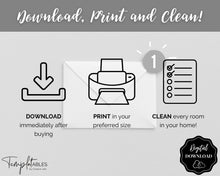 Load image into Gallery viewer, Cleaning Checklist, Printable Room by room Cleaning Cards | Family &amp; Kids Cleaning Schedule Planner &amp; Tracker | Mono Swash
