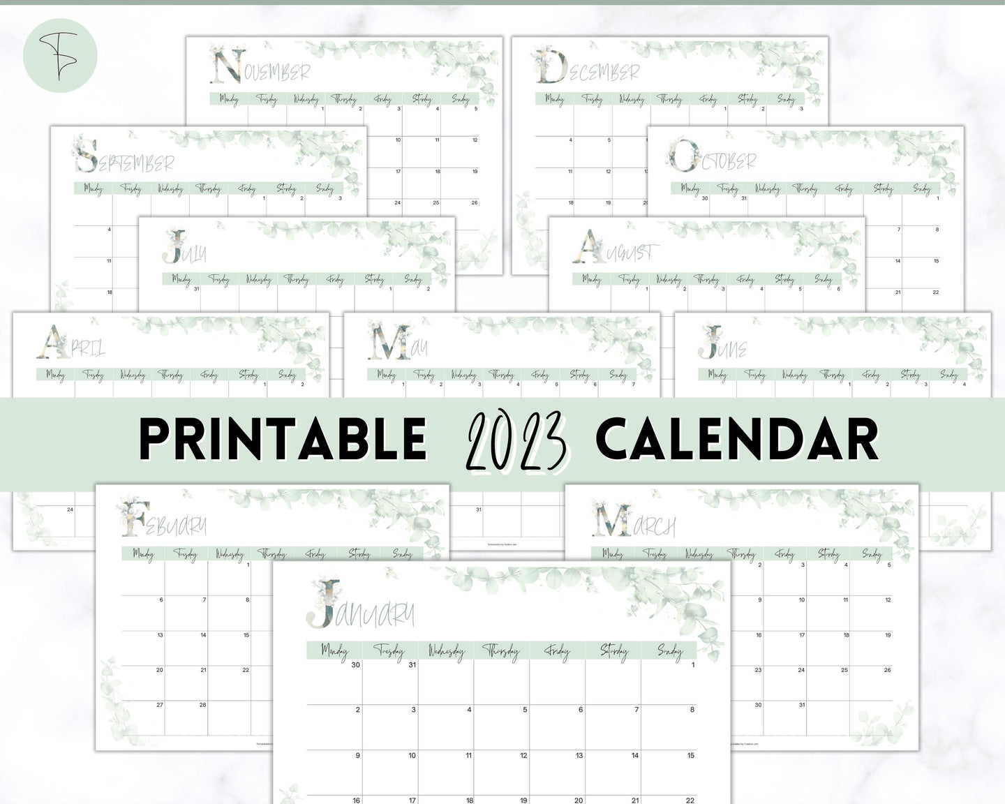 2023 Monthly Calendar Printable | 12 Month Desk Calendar Planner | Landscape Green