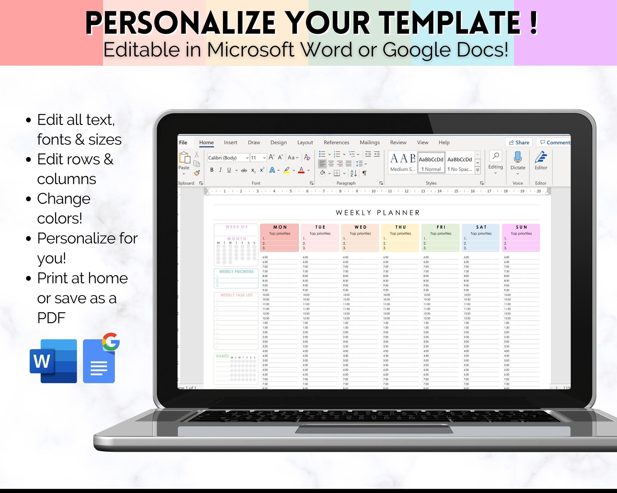 Editable Weekly Planner Row Weekly Hourly Planner - EDITABLE Weekly Schedule & Daily Planner