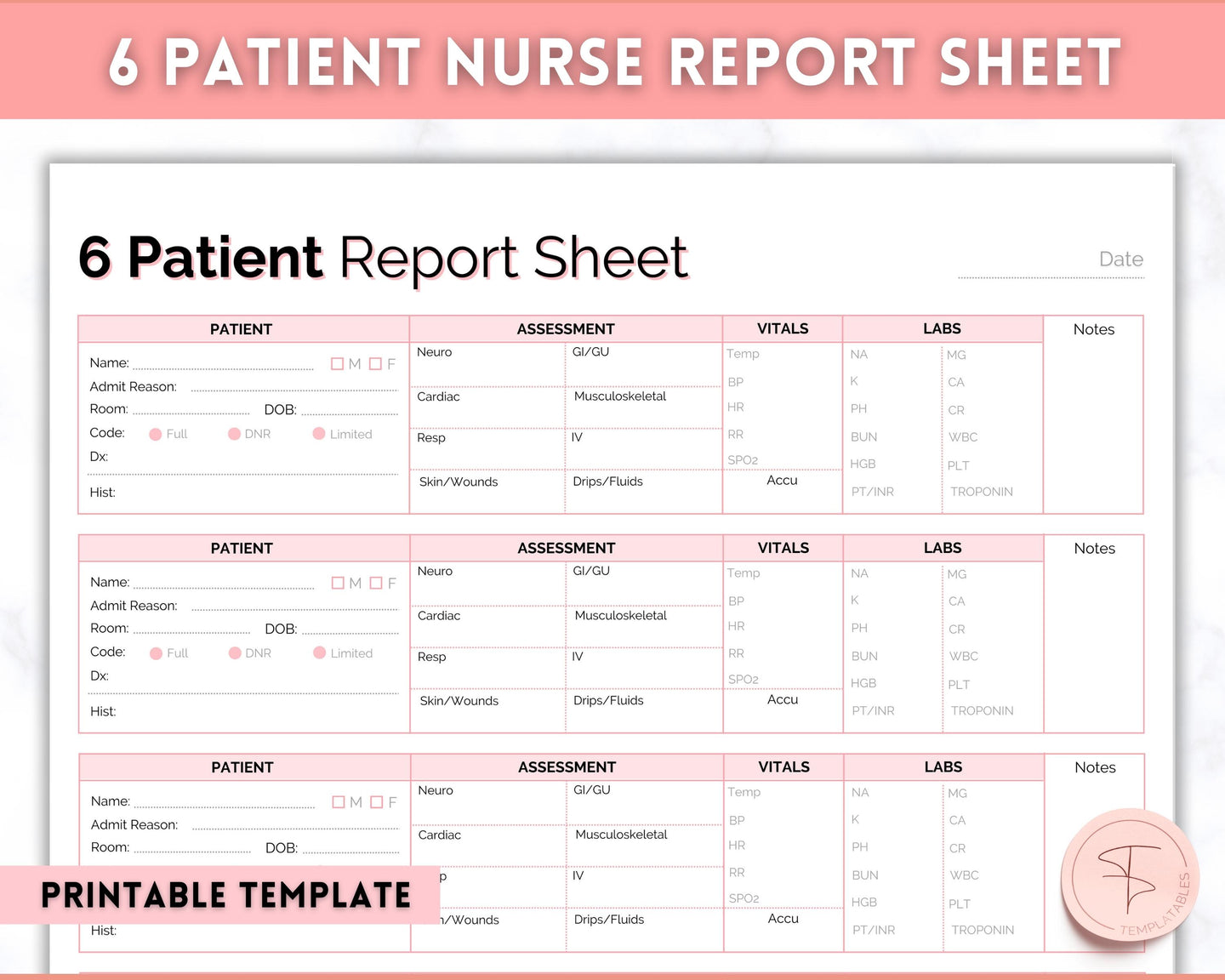 6 Patient Nurse Report Sheet to Organize your Shifts | Nurse Brain Sheet, ICU Nurse Report Patient Assessment Template | Pink
