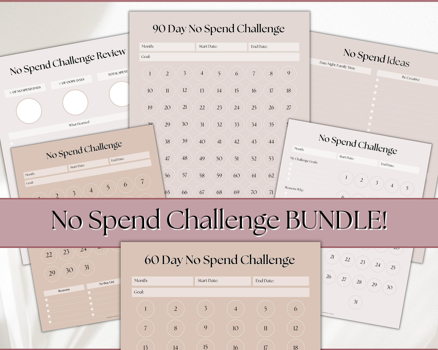 No Spend Challenge BUNDLE | Printable 30 day, 60 day, 90 day Savings Challenge & Monthly Spending Tracker | Lux