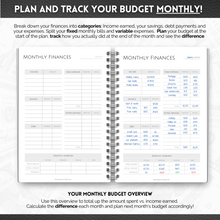 Load image into Gallery viewer, Budget Planner &amp; Monthly Bill Organizer | Finance Budget Planner, Financial Savings, Debt, Income, Expenses, Spending &amp; Bill Trackers | A5 Mono
