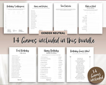 Load image into Gallery viewer, 1st Birthday Games - Printable Bundle of 14 Party Games for Baby&#39;s 1st Birthday | Trivia Activity for Woodland, Boho, Neutral Theme
