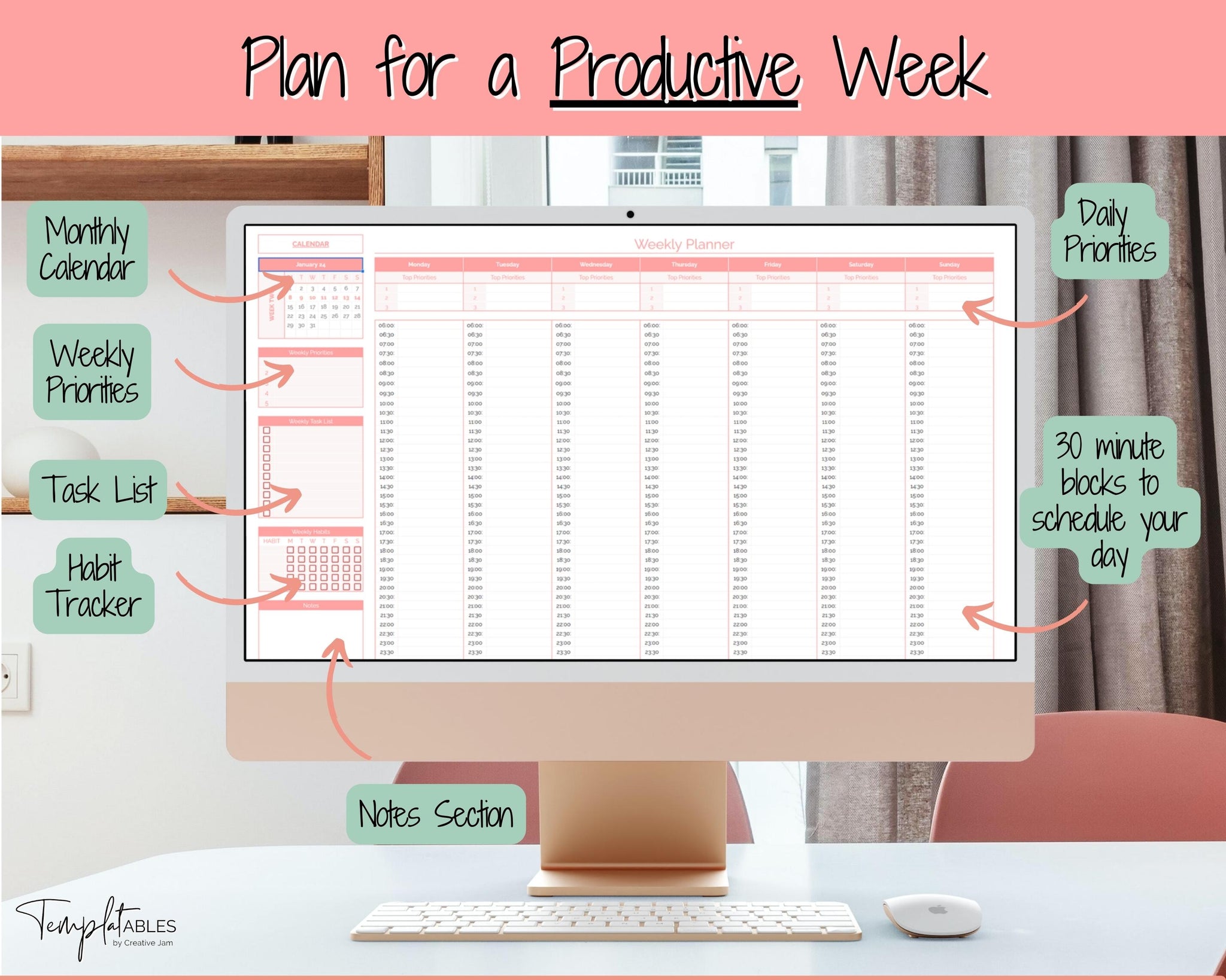 Red Spreadsheet Weekly Hourly Planner Google Sheets Spreadsheet | Daily Organizer