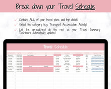 Load image into Gallery viewer, Digital Ultimate Travel Planner | Google Sheets Editable Travel Spreadsheet, Trip Expense Tracker, Packing List, Vacation Schedule | Pink
