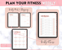 Load image into Gallery viewer, UNDATED Digital Fitness planner | iPad GoodNotes Fitness Journal, Weight Loss Tracker, &amp; Workout Planner | Pink Watercolor
