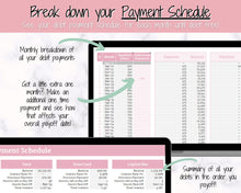 Load image into Gallery viewer, Dave Ramsey Debt Snowball Calculator | Google Sheets Debt Payoff Automated Tracker Template | Budget Planner Spreadsheet | Pink
