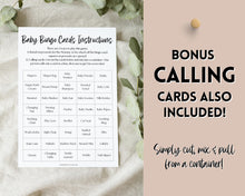 Load image into Gallery viewer, Baby Bingo Cards, 30 Prefilled Baby Shower Game Printables | Trivia Activity for Woodland, Boho, Neutral Theme Baby Showers
