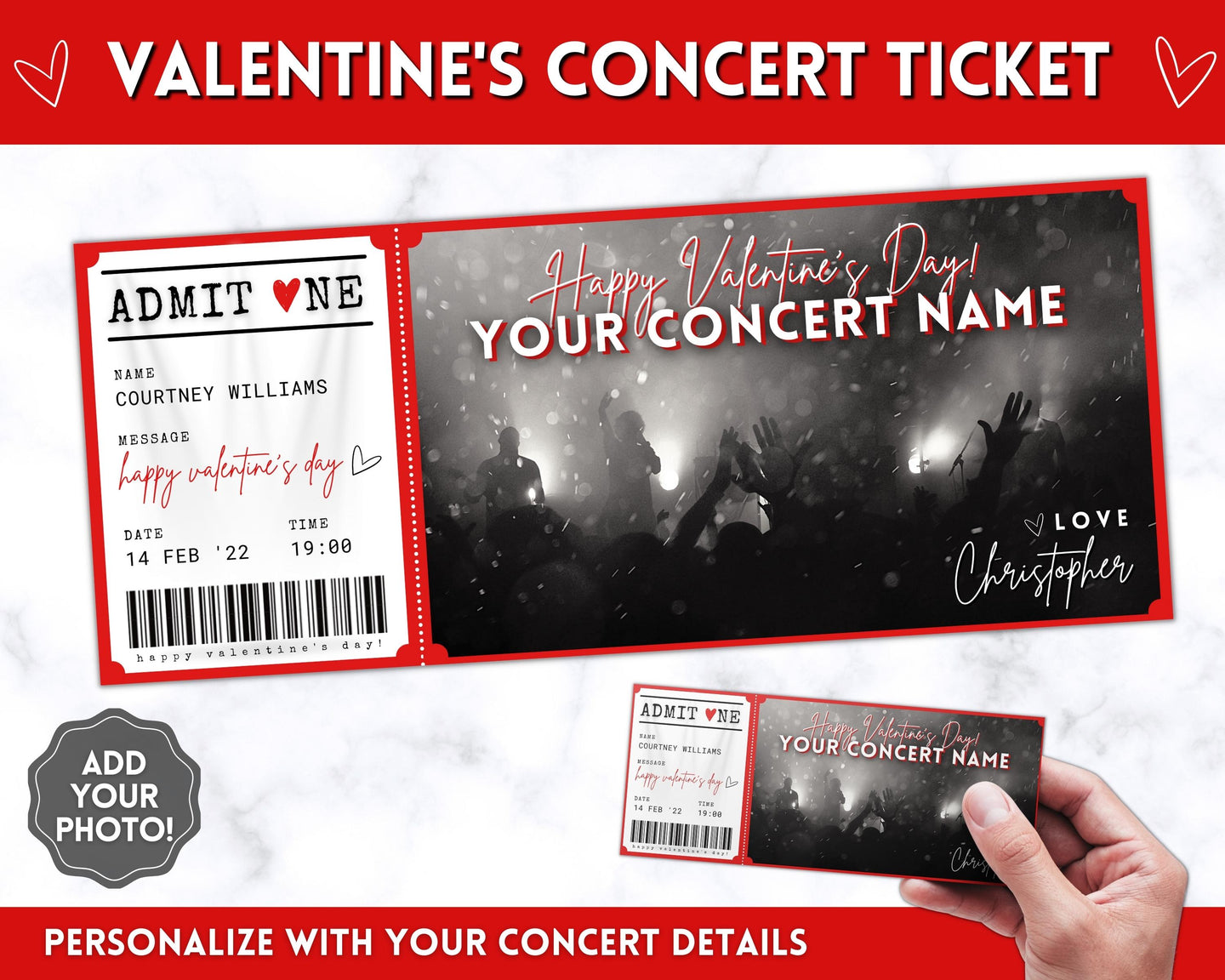 Valentine's Day Gift Concert Ticket Template | EDITABLE Surprise Gift for Musical Events & Theatre Shows