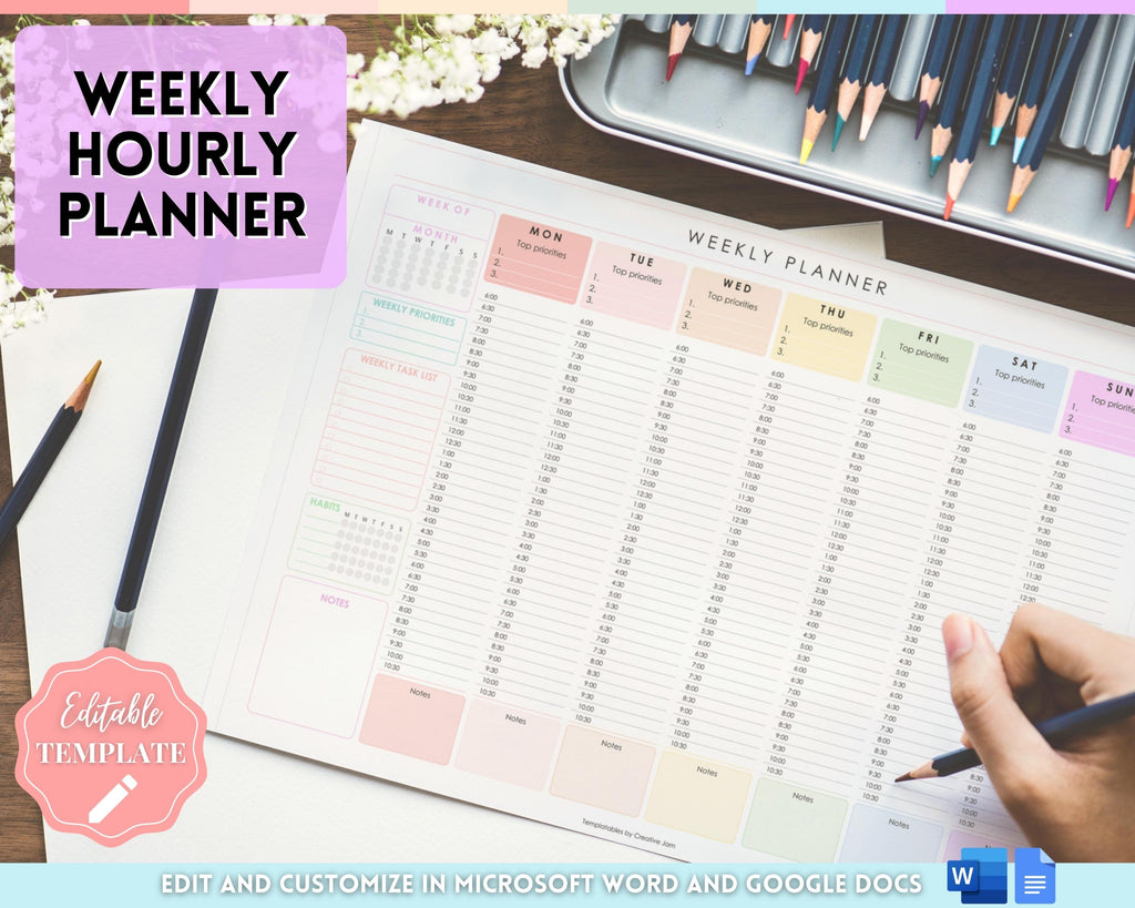 Editable Weekly Planner Row Weekly Hourly Planner - EDITABLE Weekly Schedule & Daily Planner