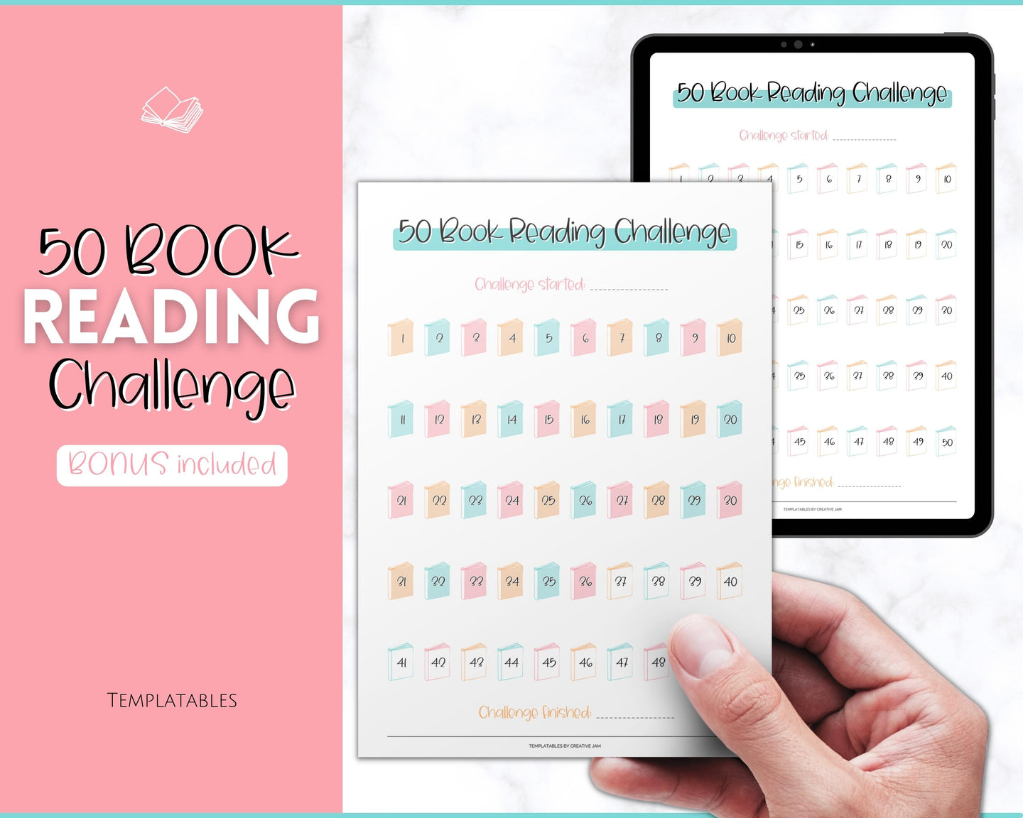 50 Book Challenge Printable | Reading Challenge BUNDLE, Adult & Kids Reading Log & Book Tracker | Sky Colorful