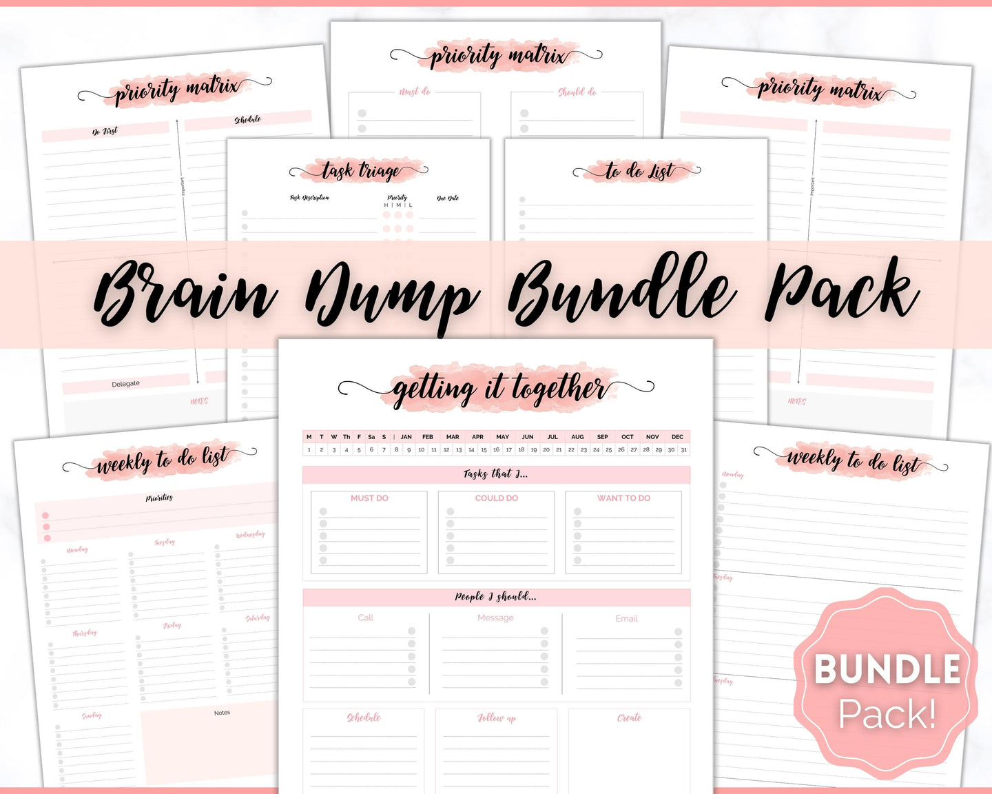 EDITABLE Brain Dump Template BUNDLE | To Do List Printable, ADHD Work Productivity Planner | Pink Swash
