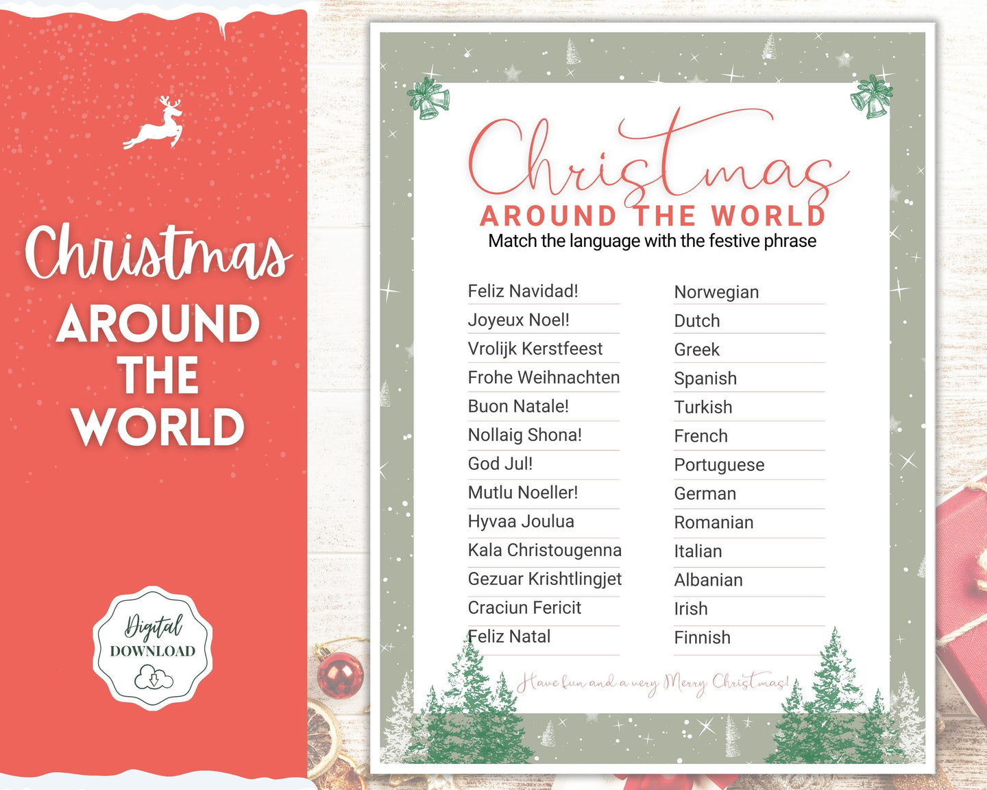 Christmas Around the World Game | Holiday Xmas Party Game Printables for the Family | Green