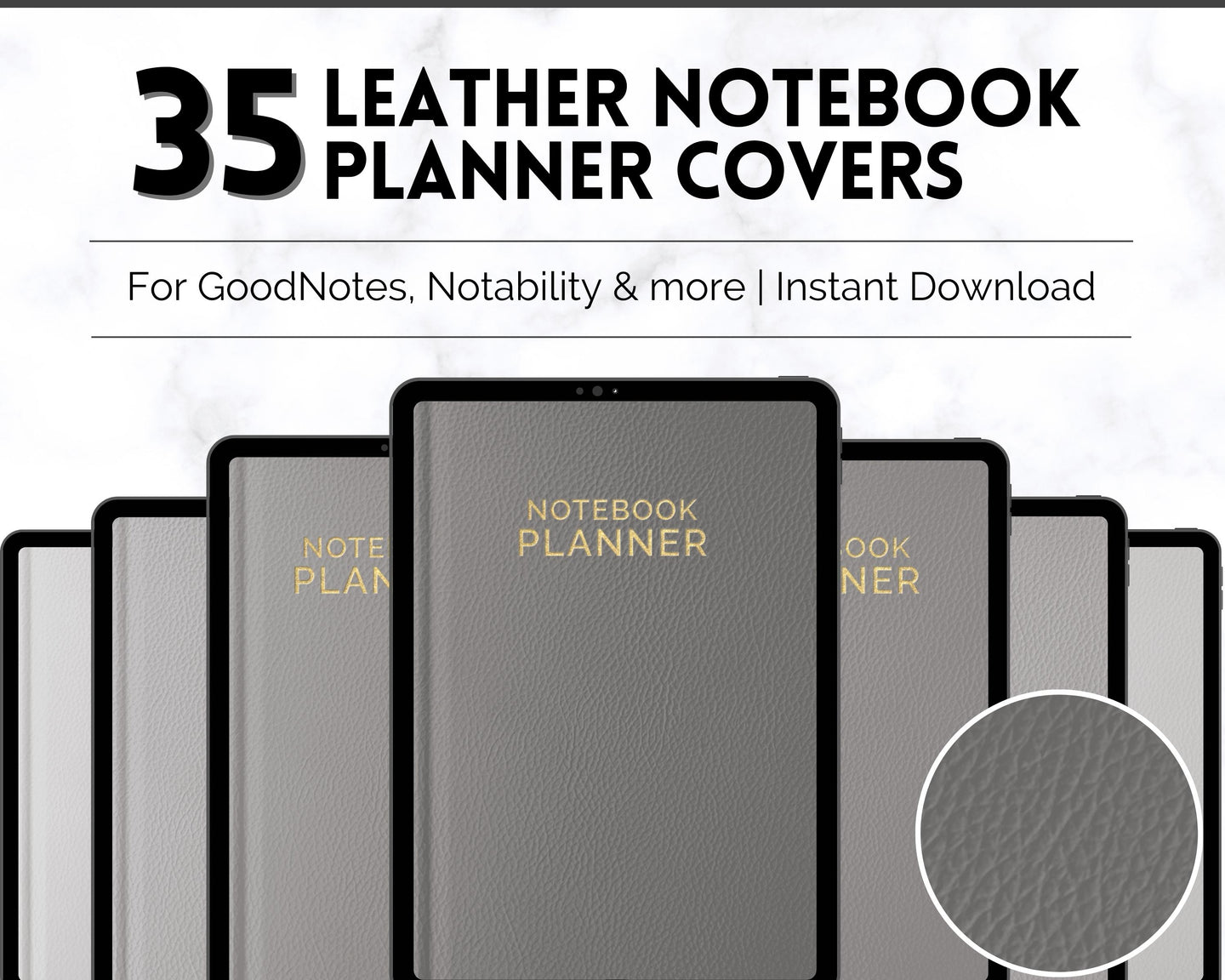 35 Digital Planner Notebook Covers | Digital Journal Covers for GoodNotes & iPad | Leather Texture Mono