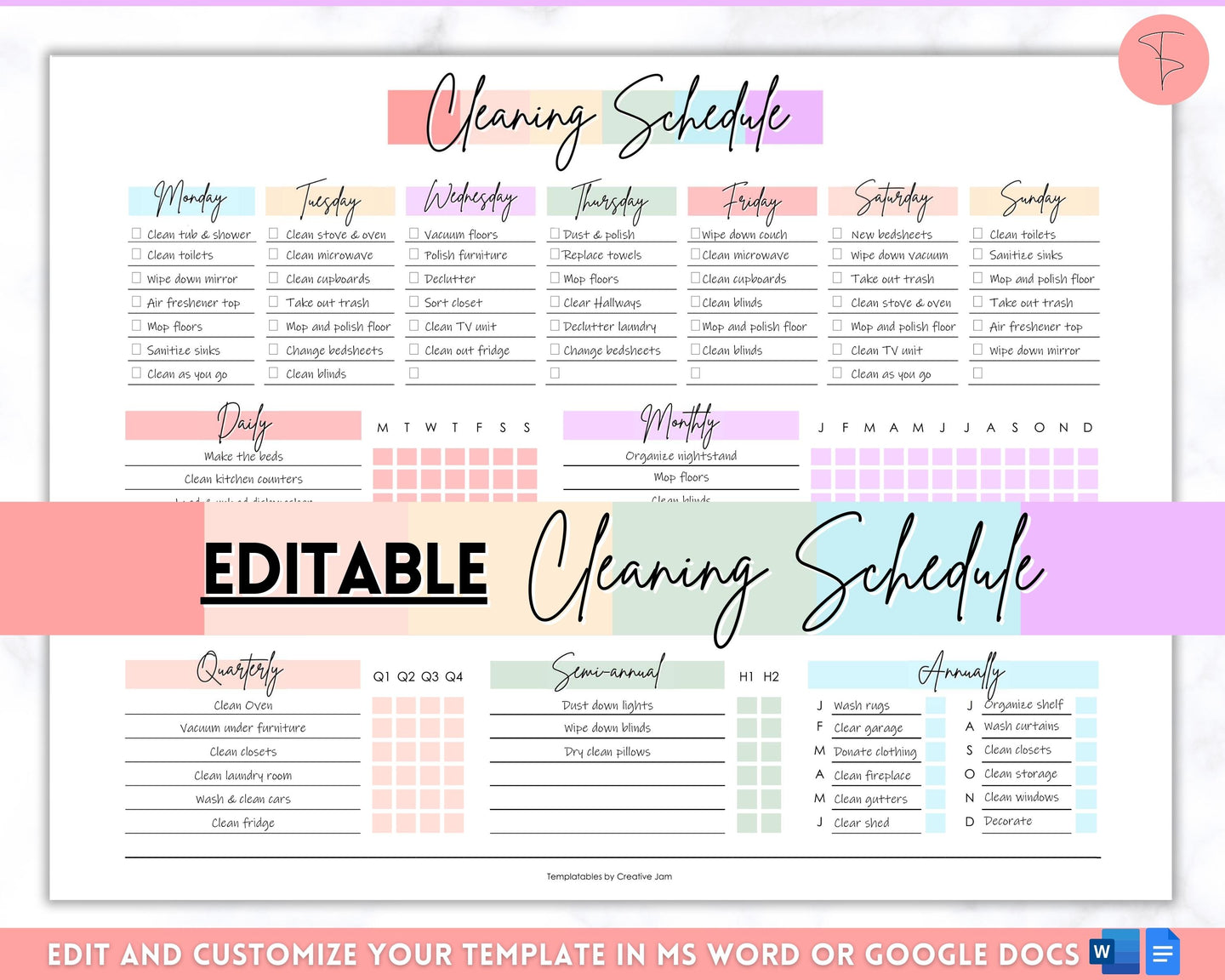 Editable Cleaning Schedule & Housekeeping Checklist for House Chores | Pastel Rainbow Bundle