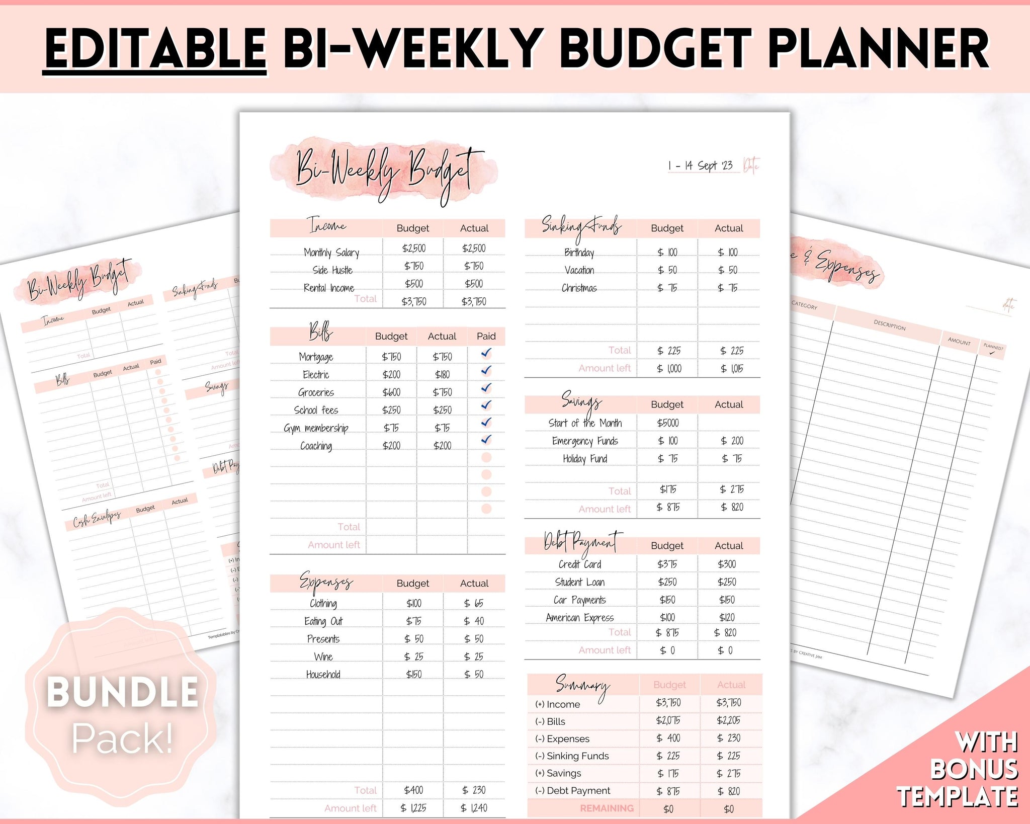 Editable Biweekly Budget Planner Template | Printable Paycheck Tracker,  Finance Planner, Zero Based Budget Binder | Pink Watercolor, image size:2048x1638