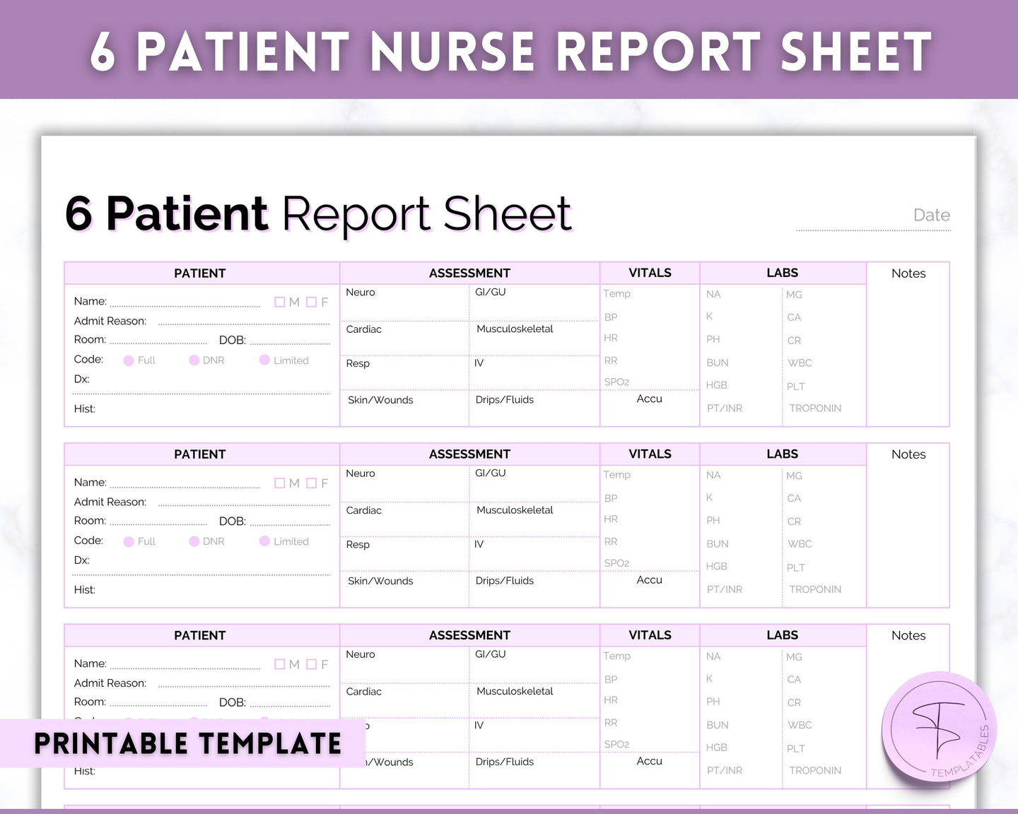 6 Patient Nurse Report Sheet to Organize your Shifts | Nurse Brain Sheet, ICU Nurse Report Patient Assessment Template | Purple