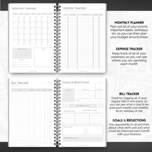 Load image into Gallery viewer, Budget Planner &amp; Monthly Bill Organizer | Finance Budget Planner, Financial Savings, Debt, Income, Expenses, Spending &amp; Bill Trackers | A5 Mono
