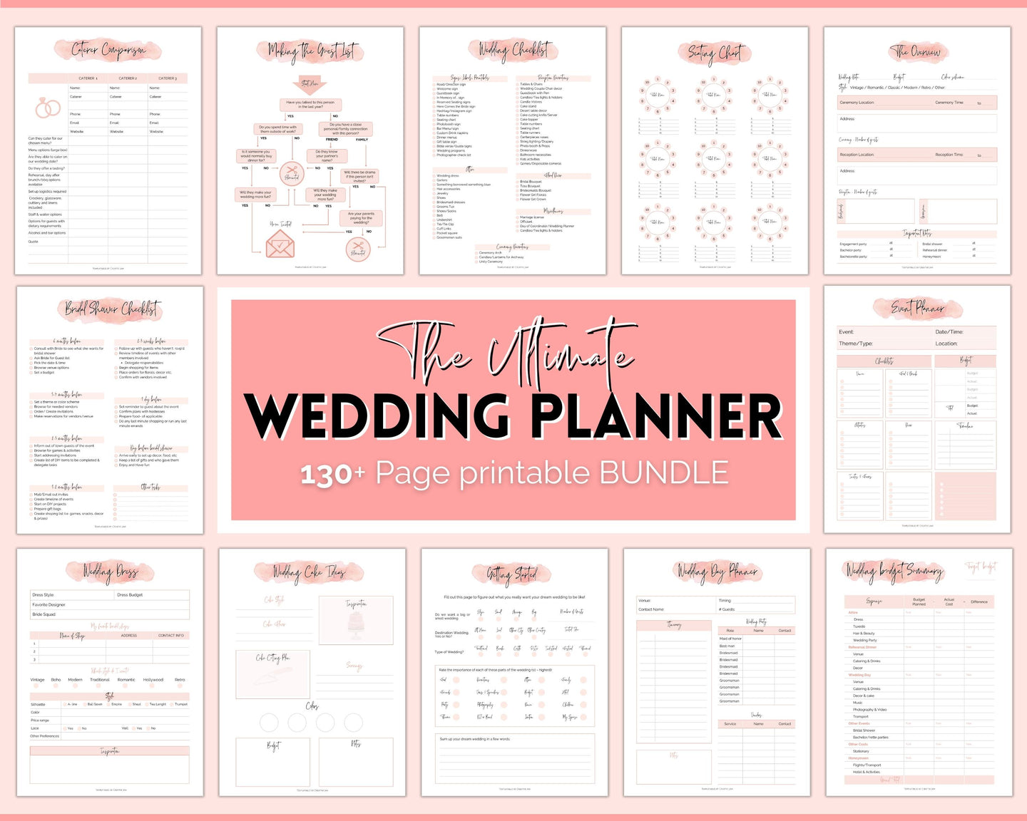 Wedding Planner Printable BUNDLE | Wedding Binder, Checklist, Budget, Wedding Day Schedule & To Do List Planner Book | Pink Watercolor