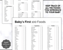 Load image into Gallery viewer, Baby Food Tracker Printable BUNDLE | Baby’s First Foods Meal Planner &amp; Daily Food Diary, 100 Foods Before 1 | Mono
