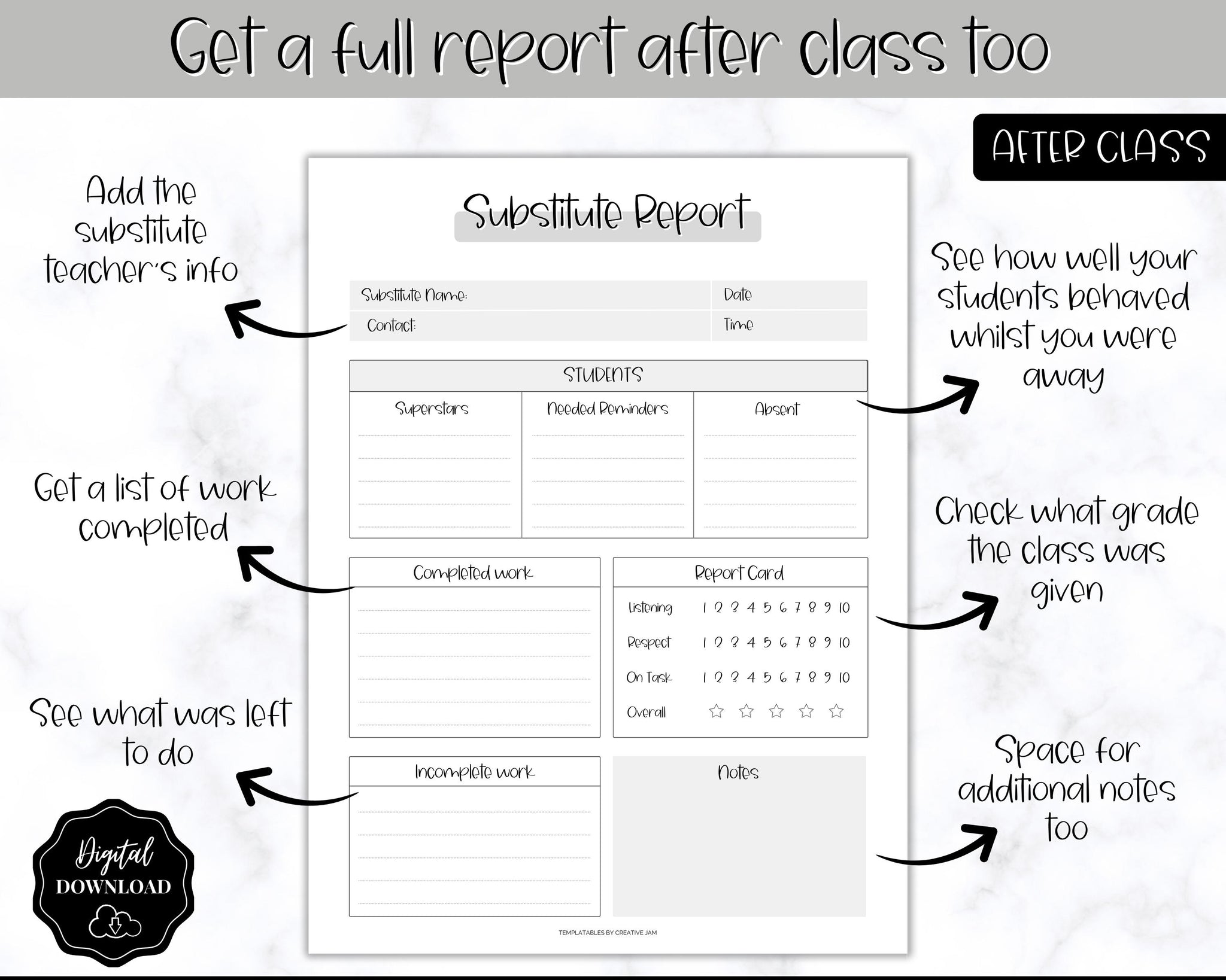 substitute teacher printable template | teacher note lesson planner