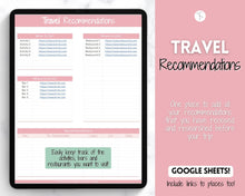 Load image into Gallery viewer, Digital Ultimate Travel Planner | Google Sheets Editable Travel Spreadsheet, Trip Expense Tracker, Packing List, Vacation Schedule | Pink
