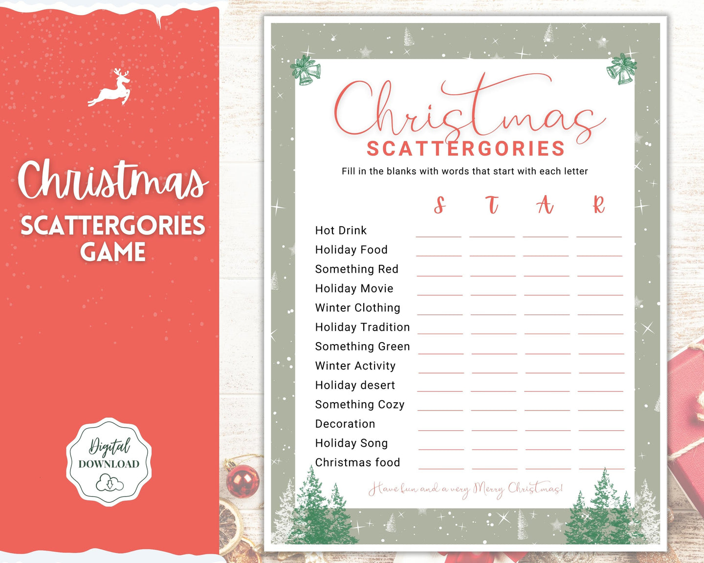 Christmas SCATTERGORIES Game | Holiday Xmas Party Game Printables for the Family | Green