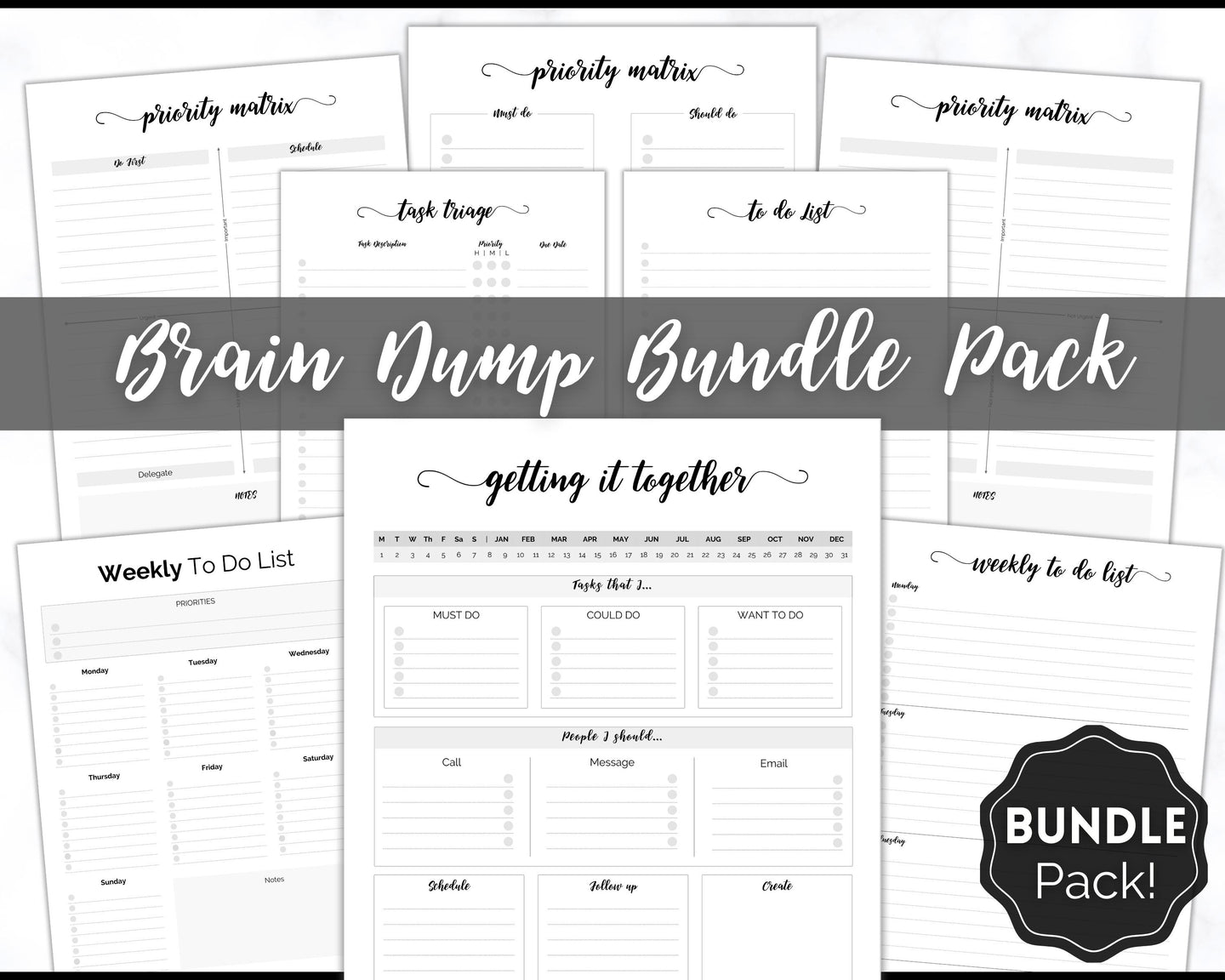 EDITABLE Brain Dump Template BUNDLE | To Do List Printable, ADHD Work Productivity Planner | Mono Swash