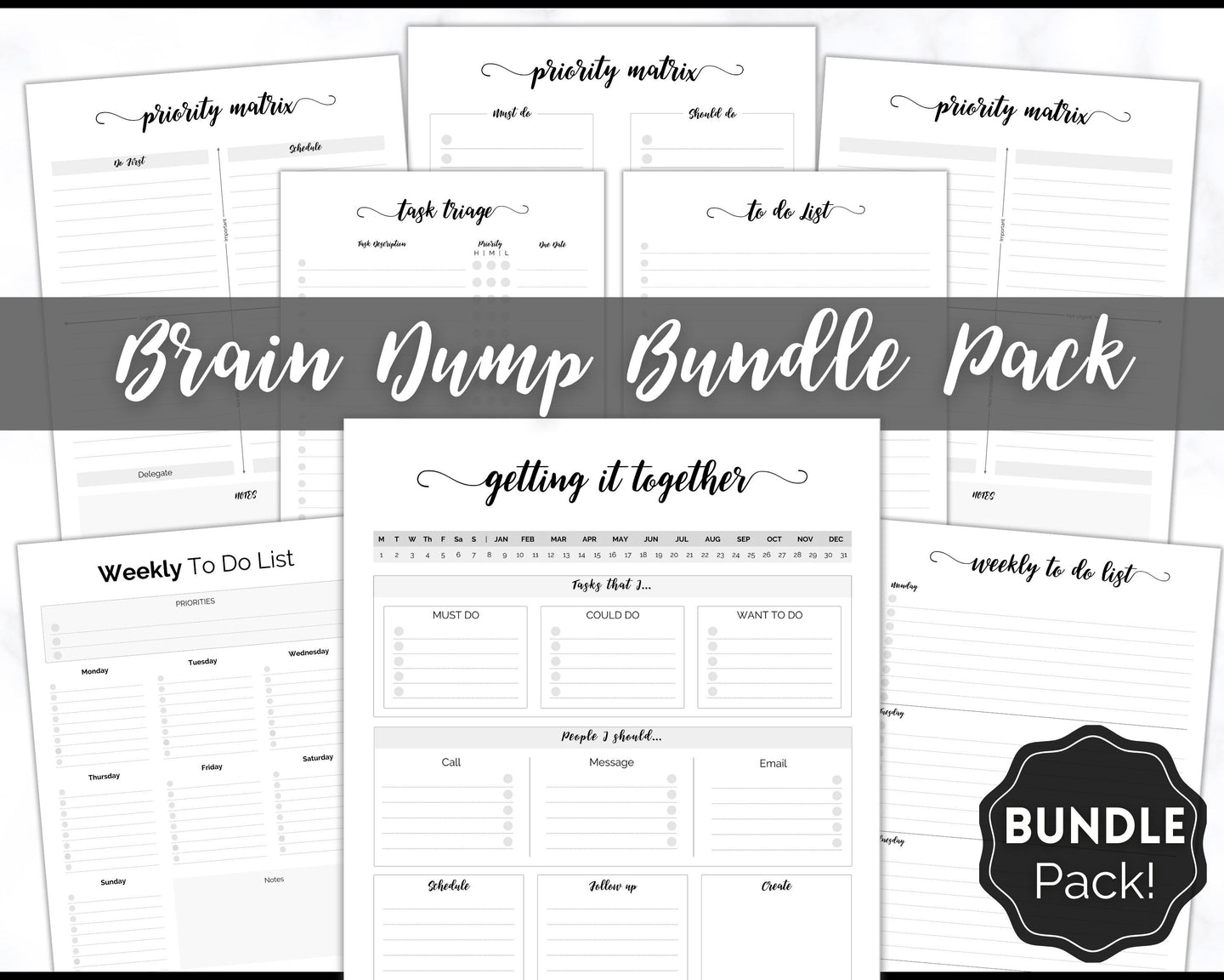 EDITABLE Brain Dump Template BUNDLE | To Do List Printable, ADHD Work Productivity Planner | Mono Swash