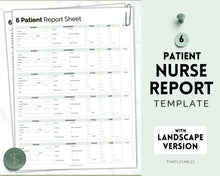 Load image into Gallery viewer, 6 Patient Nurse Report Sheet to Organize your Shifts | Nurse Brain Sheet, ICU Nurse Report Patient Assessment Template | Green
