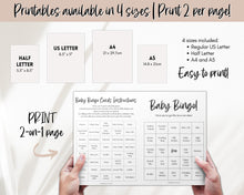 Load image into Gallery viewer, Baby Bingo Cards, 30 Prefilled Baby Shower Game Printables | Trivia Activity for Woodland, Boho, Neutral Theme Baby Showers
