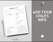 Load image into Gallery viewer, Nanny Schedule, Notes &amp; Report Template for Baby | Babysitter Info Hiring Guide, Nanny Checklist &amp; Planner, Baby Daily Log | Mono

