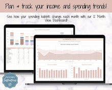 Load image into Gallery viewer, Simple Budget Planner Spreadsheet | Google Sheets Automated Monthly Finance &amp; Expenses Spreadsheet | Brown
