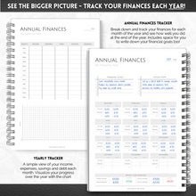 Load image into Gallery viewer, Budget Planner &amp; Monthly Bill Organizer | Finance Budget Planner, Financial Savings, Debt, Income, Expenses, Spending &amp; Bill Trackers | A5 Mono
