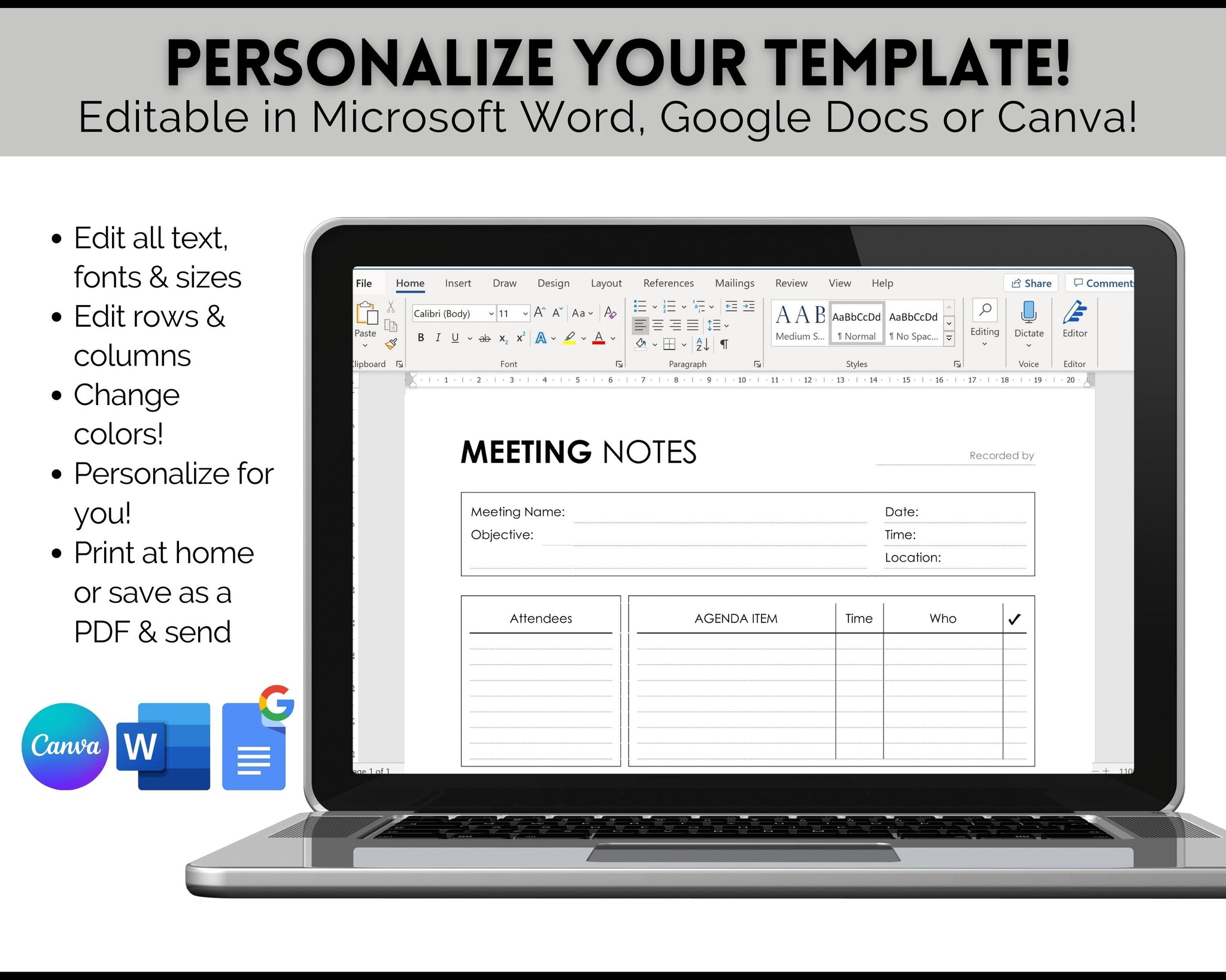 Meeting Notes Template Editable Minutes, Agenda, Note Taking
