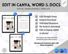 Load image into Gallery viewer, Business Plan Template | Editable Small Business Start Up Workbook in Canva, Word &amp; Google Docs | Mono Strip
