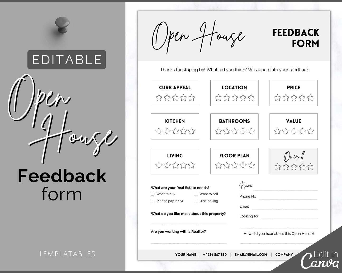 EDITABLE Open House Real Estate Feedback Form | Open House template for Realtors & Brokers