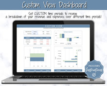 Load image into Gallery viewer, Small Business Bookkeeping Spreadsheet | Google Sheets Automated Business Expense Tracker &amp; Product Invetory Tracker | Blue
