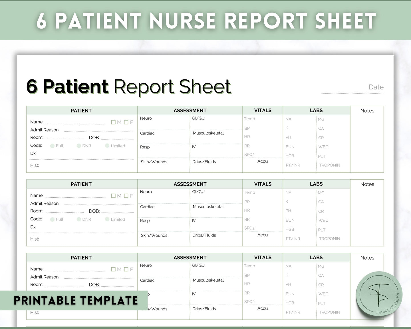 6 Patient Nurse Report Sheet to Organize your Shifts | Nurse Brain Sheet, ICU Nurse Report Patient Assessment Template | Green