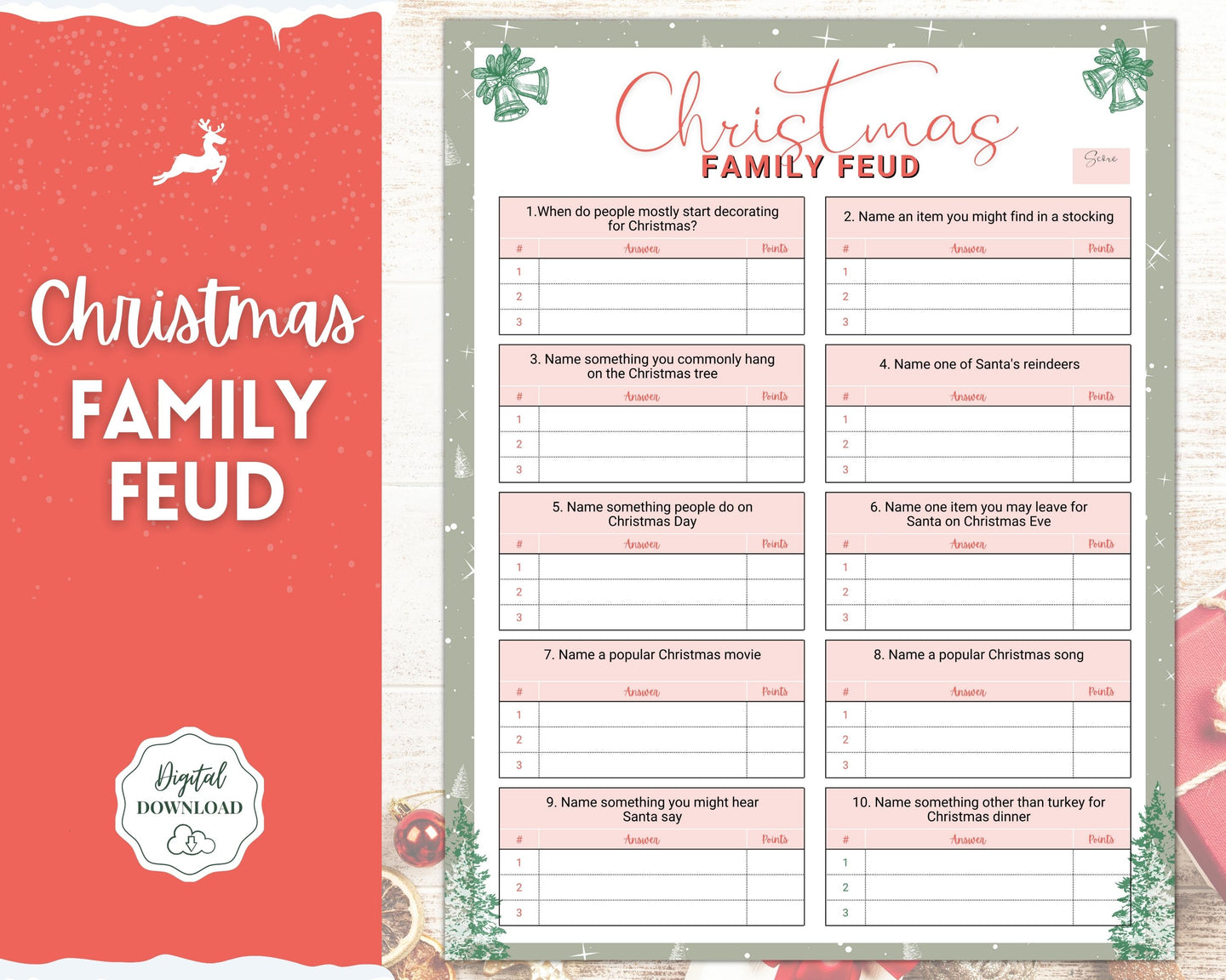 Christmas Family Feud Game | Holiday Xmas Party Game Printables for the Family | Green