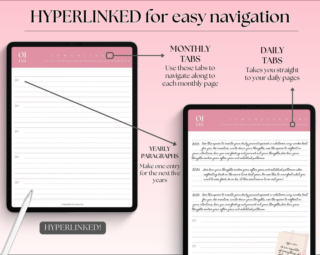 One Line a Day Digital Daily Journal, 5 Year Journal, Goodnotes iPad  Notebook, Hyperlinked Digital 365 Diary, Stickers & Covers, Minimalist 