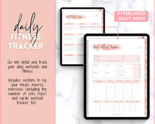 Load image into Gallery viewer, UNDATED Digital Fitness planner | iPad GoodNotes Fitness Journal, Weight Loss Tracker, &amp; Workout Planner | Pink Watercolor
