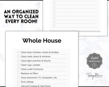 Load image into Gallery viewer, Cleaning Checklist, Printable Room by room Cleaning Cards | Family &amp; Kids Cleaning Schedule Planner &amp; Tracker | Mono
