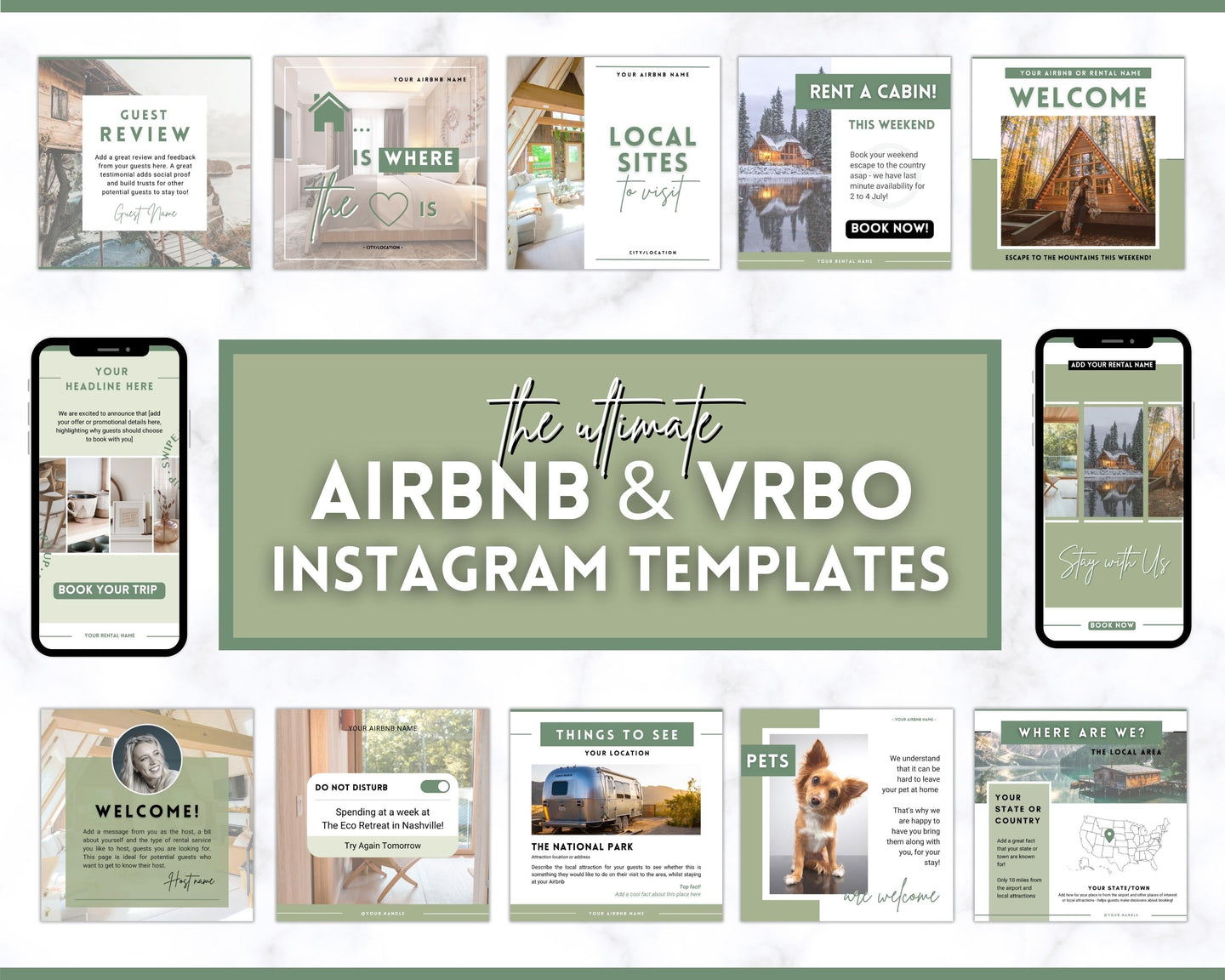 AIRBNB Instagram Templates! Editable Social Media Posts, Canva, Air bnb, Superhost, Host signs, Signage, VRBO Vacation Rental, Welcome Book | Lovelo Green