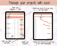 Load image into Gallery viewer, AUTOMATED Project Planner Spreadsheet, Excel &amp; Google Sheets, Business, Student, Academic Work Planner, Gantt Timeline, Productivity Tracker
