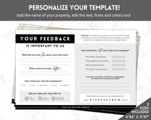 Load image into Gallery viewer, Airbnb Feedback Request Postcard, Editable Airbnb Guest Rating &amp; Review Form, Air bnb Welcome Book, Check Out Signs, VRBO Signage, STR Host - Black
