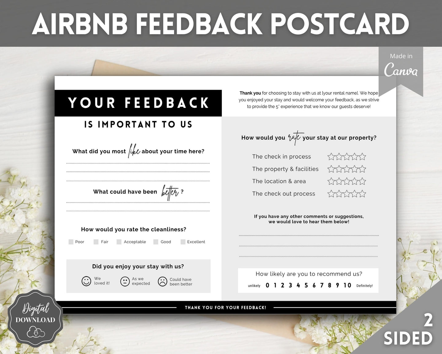 Airbnb Feedback Request Postcard, Editable Airbnb Guest Rating & Review Form, Air bnb Welcome Book, Check Out Signs, VRBO Signage, STR Host - Black