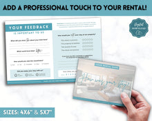 Load image into Gallery viewer, Airbnb Feedback Request Postcard, Editable Airbnb Guest Rating &amp; Review Form, Air bnb Welcome Book, Check Out Signs, VRBO Signage, STR Host - Blue
